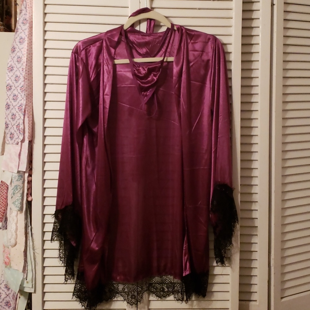 Burgundy and Black Lace Robe